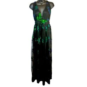 EUC LG black v neck sequin mesh overlay formal prom dress